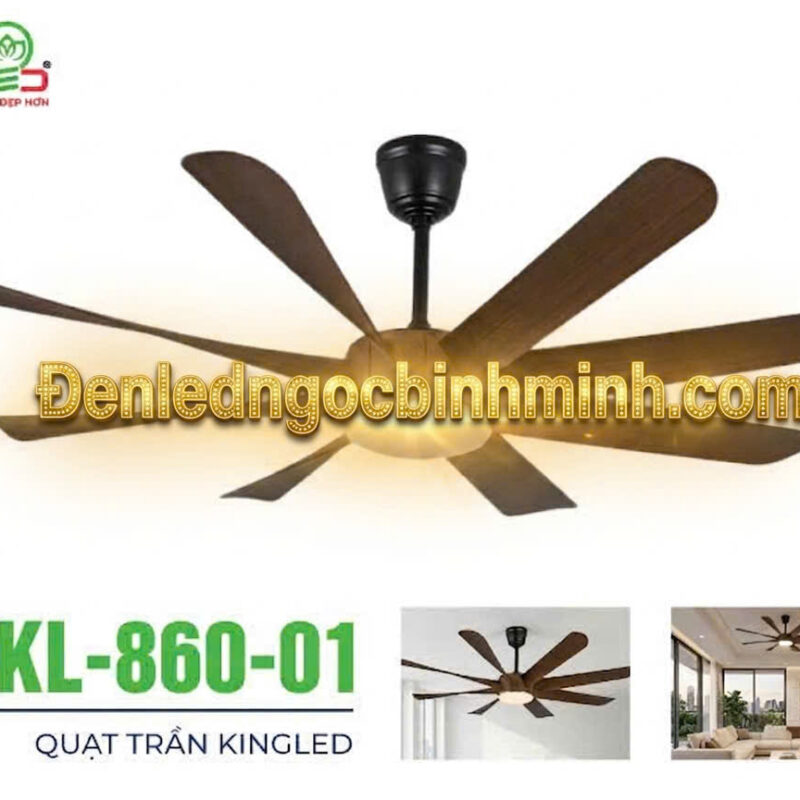 Quạt trần Kingled mã 860-01, động cơ DC đồng, 8 cánh nhựa ABS, đèn led 3 màu, điều khiển từ xa